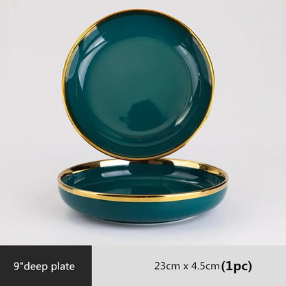 Luxury Forest Green Ceramic Dinnerware Set,  Including  Shallow Plates,  Rice,  Soup Bowls,  Fish,  Dish And Spoon