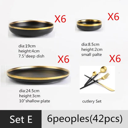 Gilt Rim Black Porcelain Dinner Plates,  Kitchen Dishes,  Ceramics,  Tableware Food Tray,  Rice, Salad, Noodles Bowl , Cutlery Set