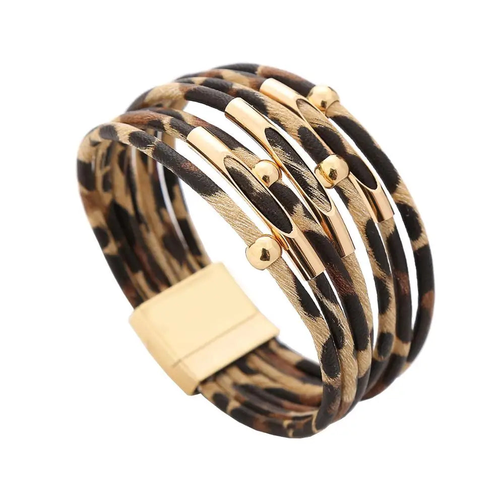 Vintage Metal Tube, LIGHT Leopard Leather and DARK Leather Leopard Bracelets for Women /Men.  Retro MultiLayer Bracelets & Bangles with  Charms.  Jewelry Gifts
