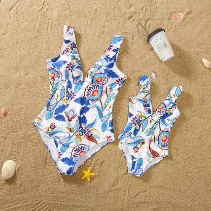 Family Matching Swimsuits/ Floral Printed Mom And Me Swimwear.  Women,  Girls Bathing Suits and Men,  Boys  Trunks Couples Holiday Beachwear