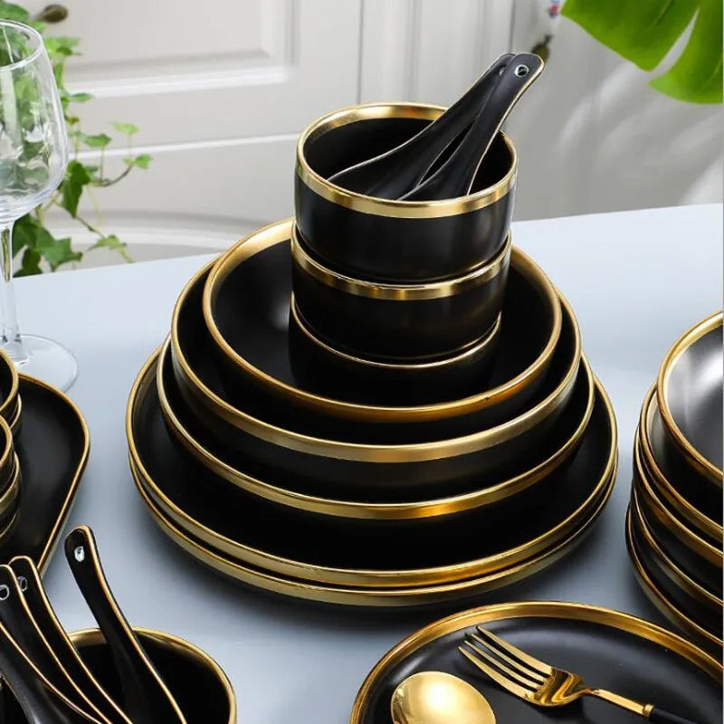 Gilt Rim Black Porcelain Dinner Plates,  Kitchen Dishes,  Ceramics,  Tableware Food Tray,  Rice, Salad, Noodles Bowl , Cutlery Set