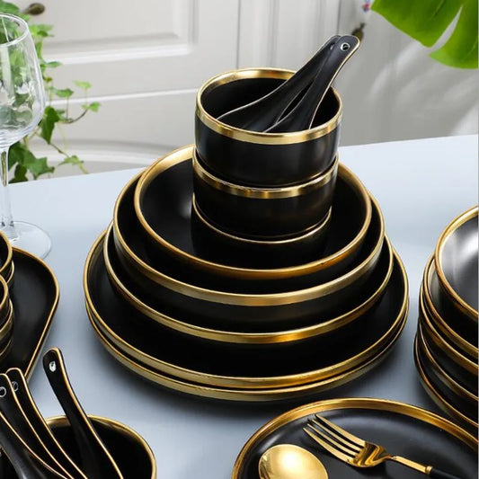 Gilt Rim Black Porcelain Dinner Plates,  Kitchen Dishes,  Ceramics,  Tableware Food Tray,  Rice, Salad, Noodles Bowl , Cutlery Set