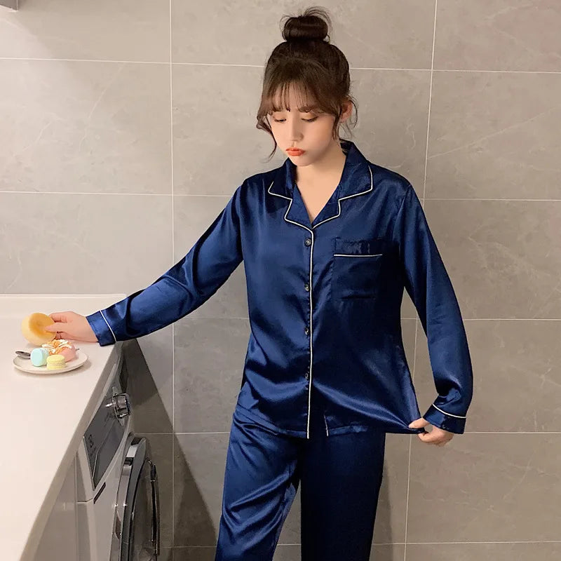 Solid Color Sleepwear Silk Satin Pajamas Couple Set Long Button-Down Pyjamas Suit Pijama Women/ Men Loungewear Plus Size Pj Set