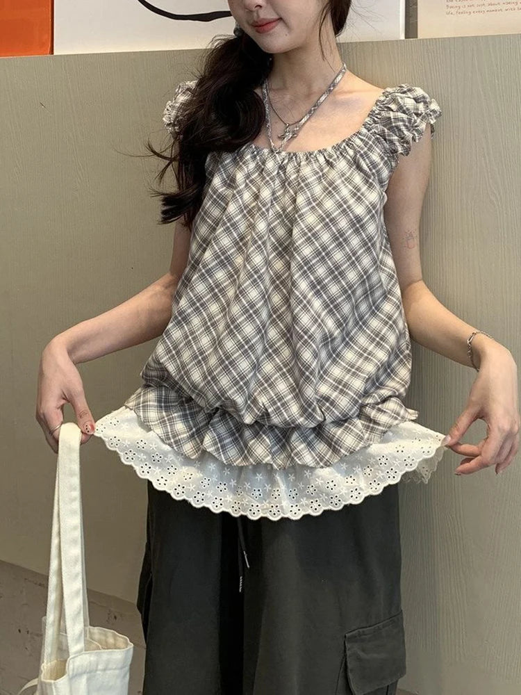 Crop Tops for Girls/ Women.   Plaid, Spliced,  Sleeveless,  Ruffled Lace  Fashion Tank. New Chic Female Tops
