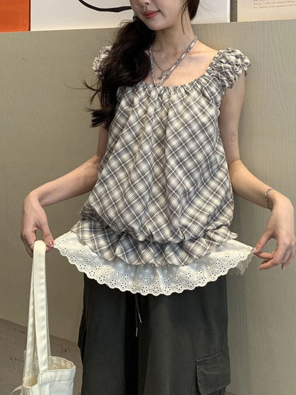 Crop Tops for Girls/ Women.   Plaid, Spliced,  Sleeveless,  Ruffled Lace  Fashion Tank. New Chic Female Tops