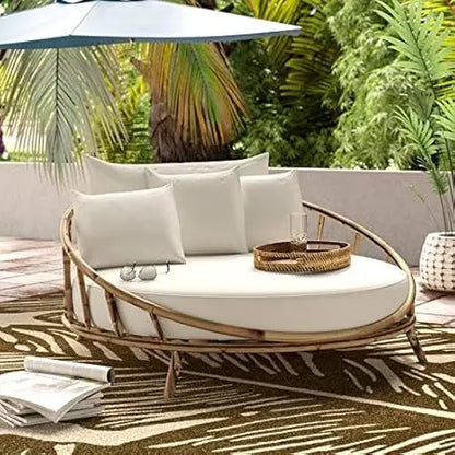 Rattan Bamboo Round Daybed Outdoor Sofa Chair with Cushion and Pillows for Backyard, Porch, Swimming Pool, Living Room.  LUv,Luv,Luv  this item.