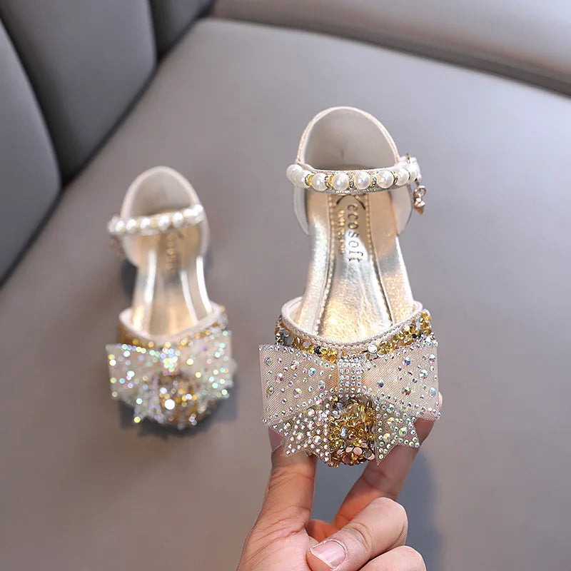 Girls  Dressy Sandals with  Sequins,  Rhinestones, Bows.   Girls Princess Shoes, Baby Girl Shoes with Flat Heel Sandals Size 21-35