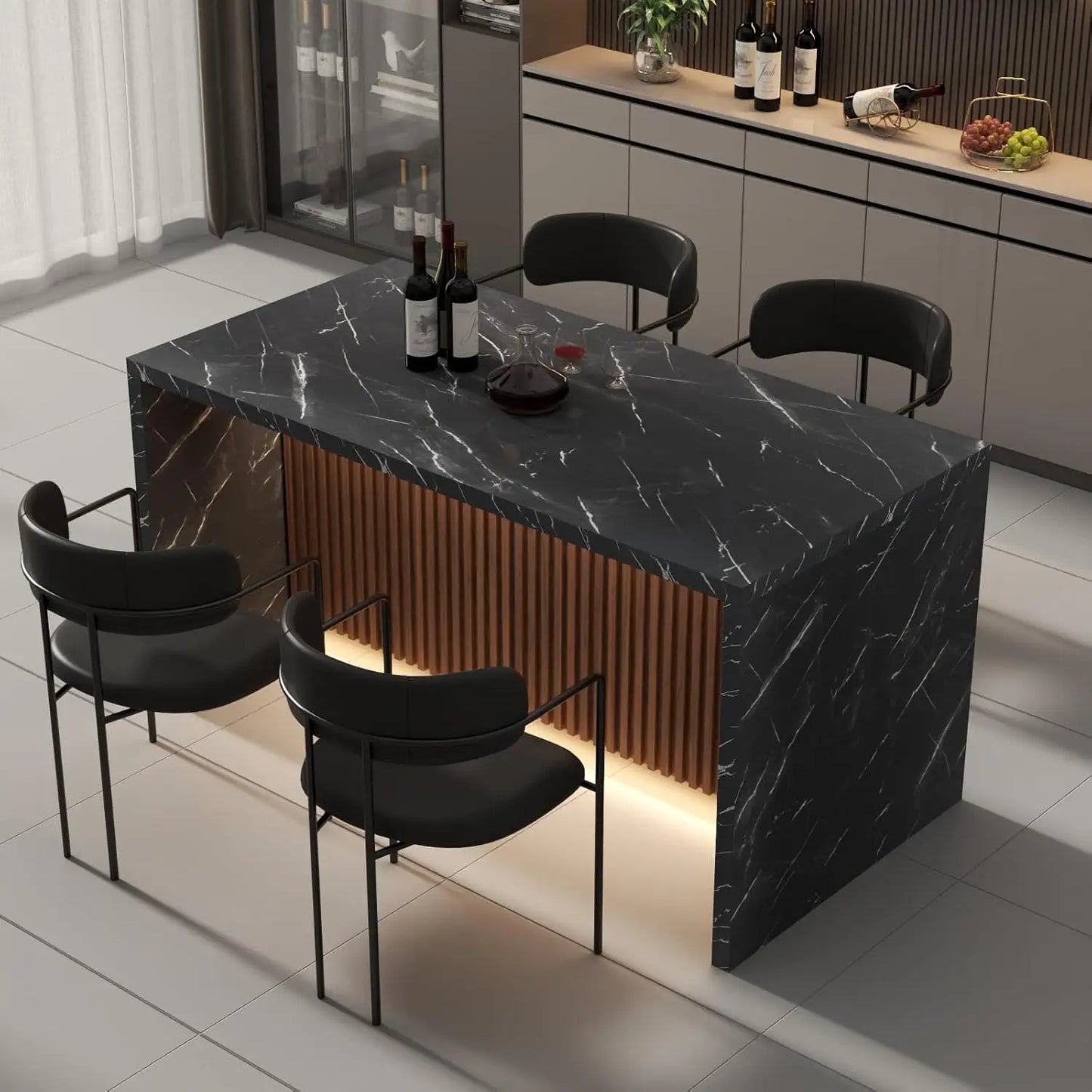 63" Large Imitation Marble Dining Table for 4-6 People(Patent Pending),Island Table with LED Lights, Modern faux Marble finish