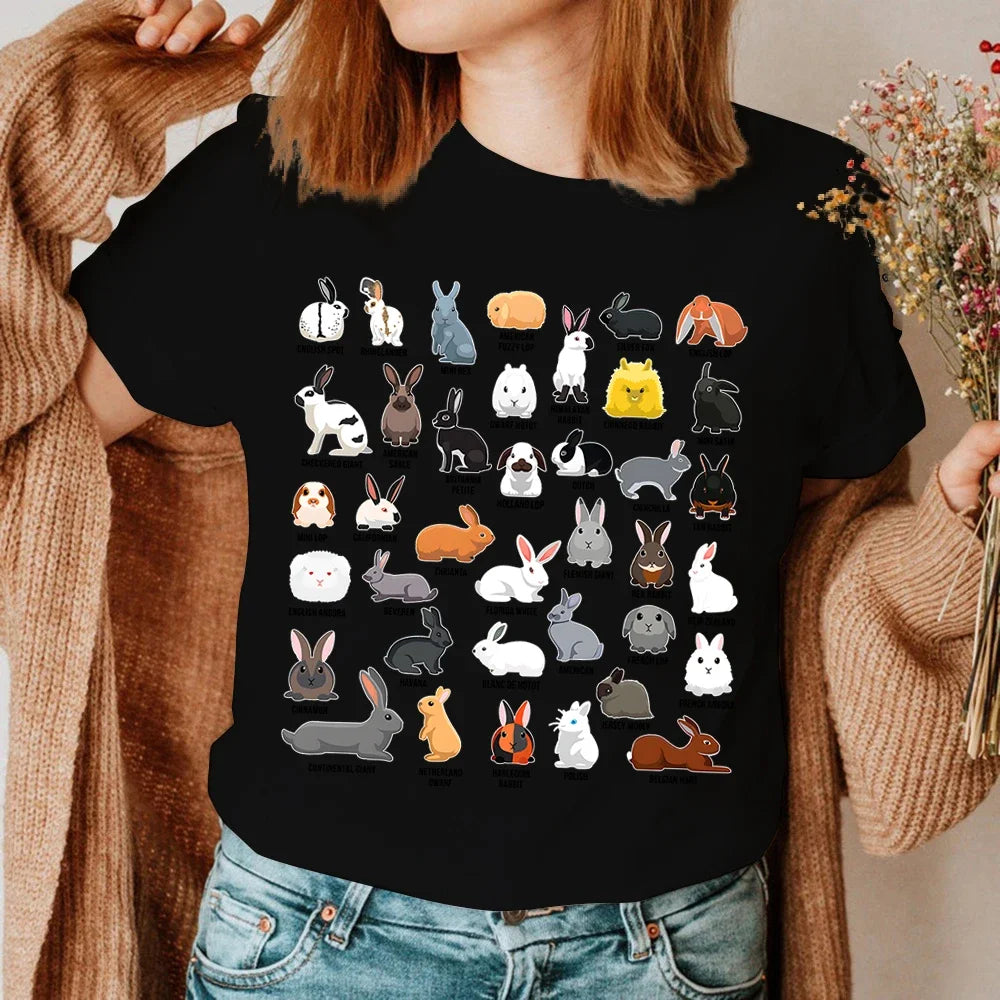 Bunny Summer Women's T-shirt,  Types of Rabbits , Print Tops,  Short-sleeved Casual Ladies Tees, O-neck