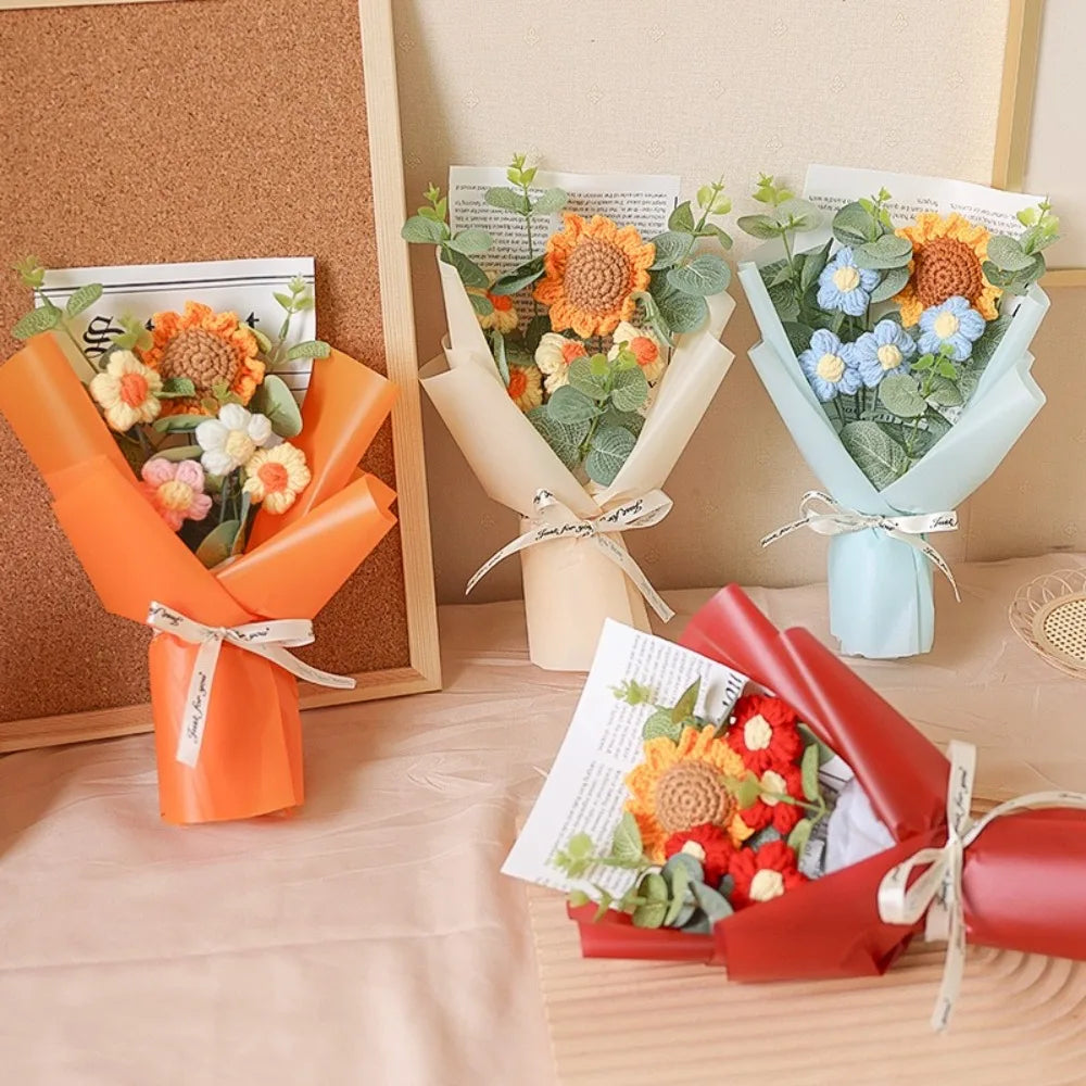 Artificial Flower Crochet Bouquet,  Handmade Anniversary Gift of Sunflower,  Daisy Bouquet for Mothers Day,  Birthday Gif, Etc.t