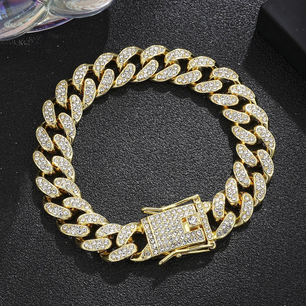 Luxury  Cuban Link Chain Bracelet for Men,  Paved Crystal Jewelry,  Stainless Steel Bling Bling Wristband Gift. I am unsure of the color labeling so order by LOOKS.  Both are available.