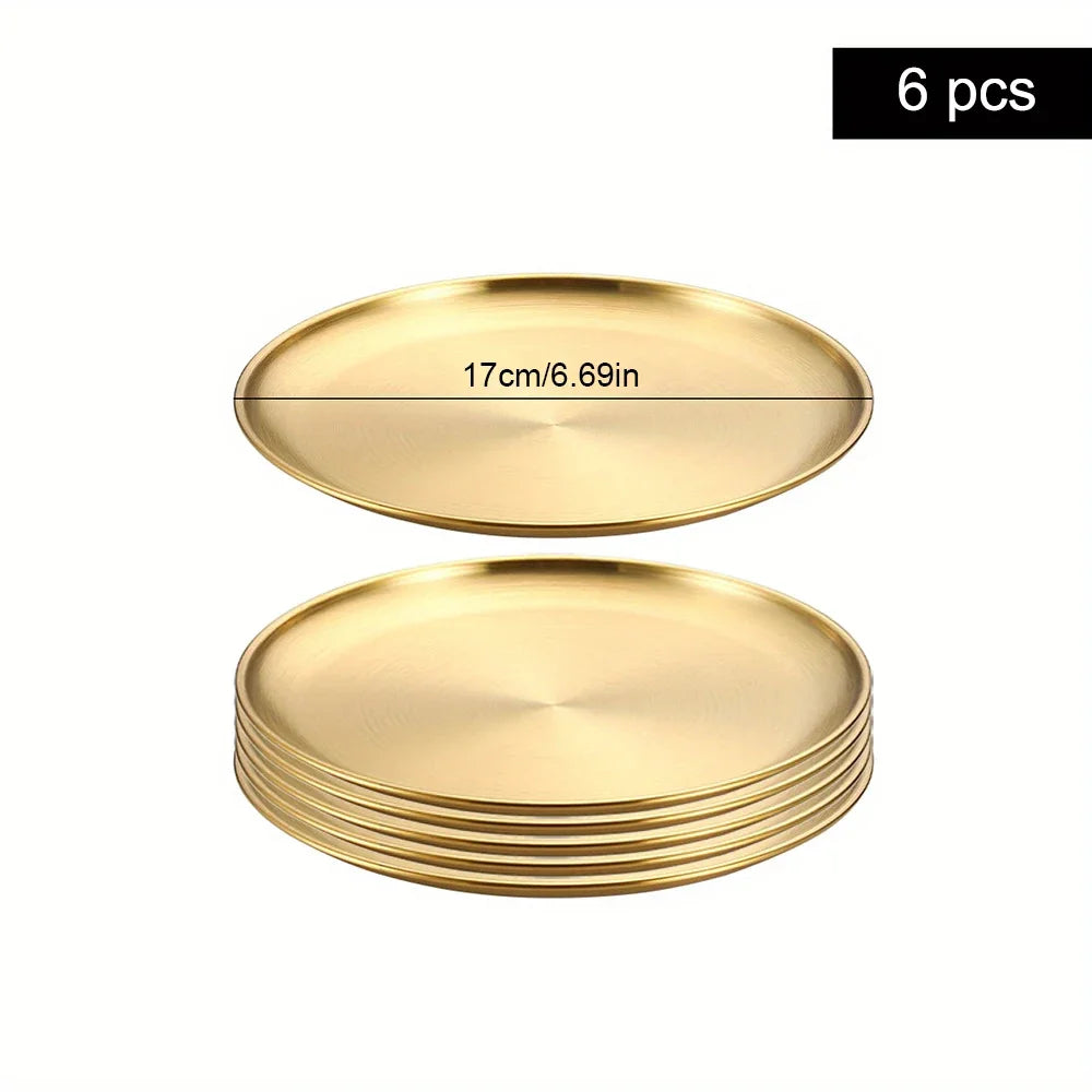 6Pcs Gold Stainless Steels Round Plate Rust-Proof Shallow Tray Plate Camping Plate,  Picnic Dishes Cookware,  There are 3 sizes left.  they are 30 cm, 26 cm, and 14 cm.  14 cm is the most available.