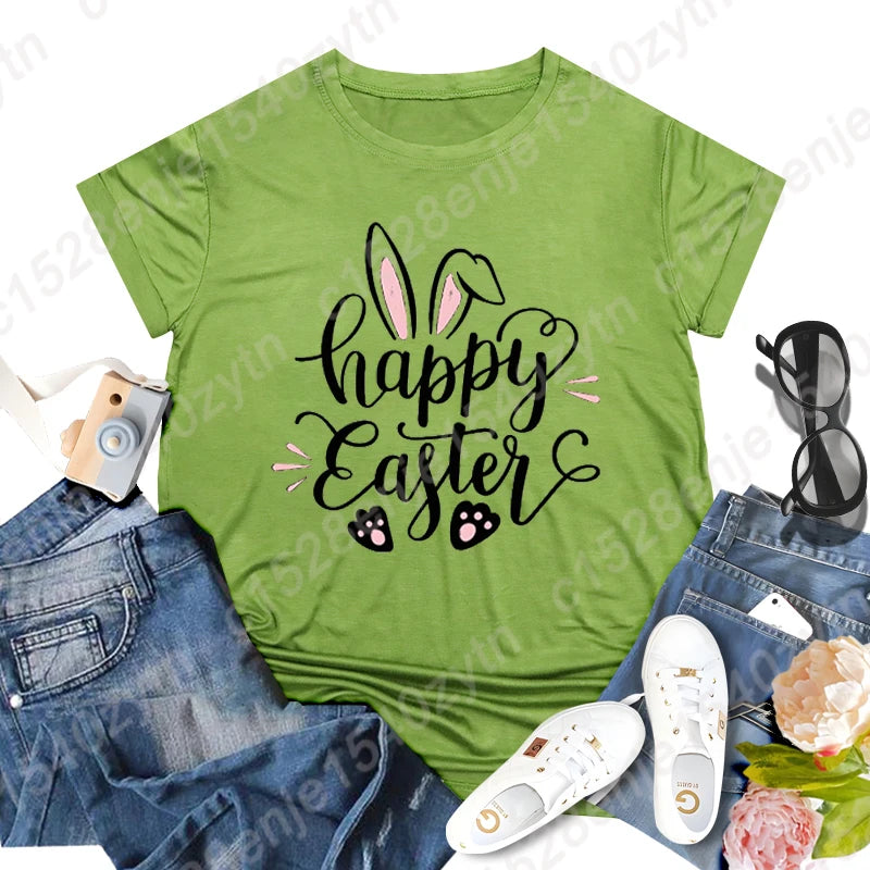 Cute Happy Easter Bunny Print T-Shirts  for Junior Women , Short Sleeve,  Round Neck Tee Shirt Casual,  Soft Summer,  Solid Color T Shirt /Tops