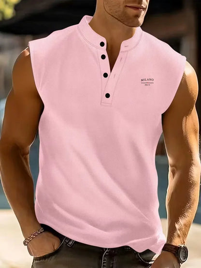 Summer Men's Casual Sleeveless T-Shirt Milano Embroidery Stand Collar Henley Tank Top Beach Sportwear.  White is gone but 3-4 colors are available Depending on the size you need