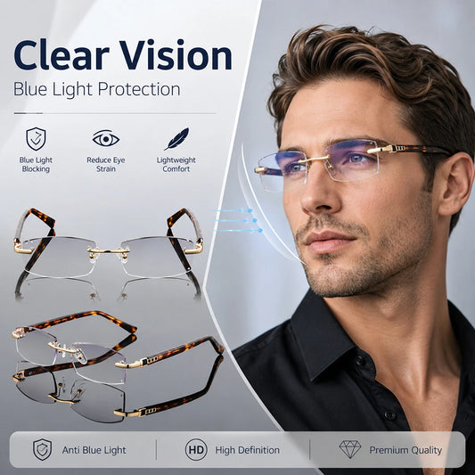 Luxury Designer Reading Glasses.  Rimless Diamond Cutting Frame for  Men  and Women.  Presbyopia, Anti-blue Light, RECTANGULAR Shaped Reading Glasses.  Great Choices on these.