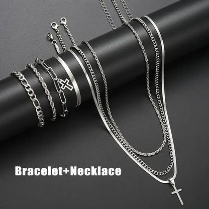 7-Piece Elegant Stainless Steel Minimalist Cross Pendant Jewelry Set for Men and  Women.  Chain Necklaces and   Bracelets .  Jewelry for Everyday Wear