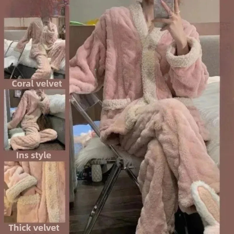 Coral Fleece Pajamas Women New Autumn and Winter 2024 Thickened Fleece-lined Graceful Couple Online Celebri Home Wear Set