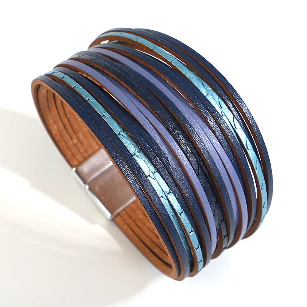 Trendy Colorful Leather Bracelet for Women /Men.   Boho Multilayer Slim Strips Wrap Wide Bangle Bracelets. Jewelry Gifts