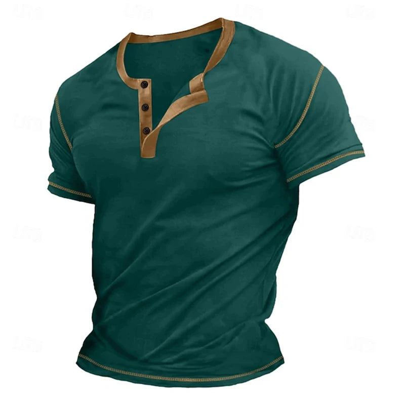 Retro Men's Button-Down T-Shirt  (HENLEY-STYLE), Minimalist Print T-Shirt,  Loose-Fit,  Casual Summer Shirt,  Stylish Streetwear Men.