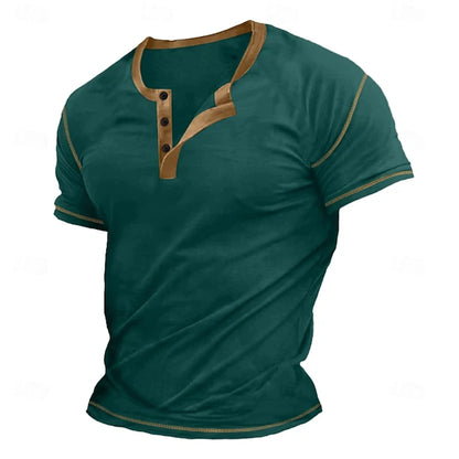 Retro Men's Button-Down T-Shirt  (HENLEY-STYLE), Minimalist Print T-Shirt,  Loose-Fit,  Casual Summer Shirt,  Stylish Streetwear Men.