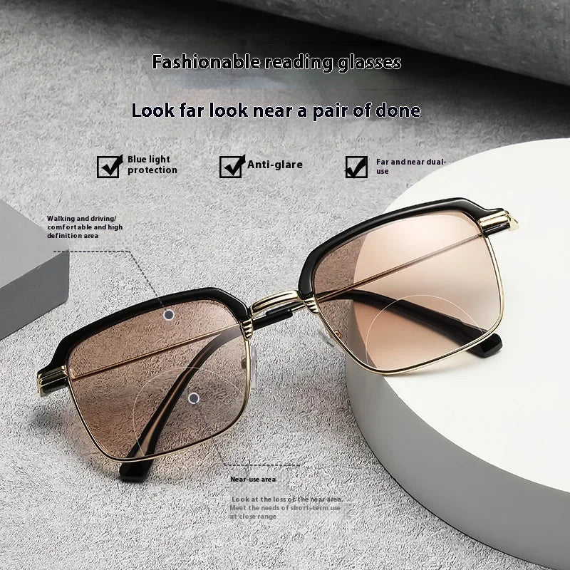 2-in-1 Popular Metal Bifocal Presbyopia Glasses, with Anti-Blue Light Reading Glasses/ Sunglasses for Both Near and Far Use