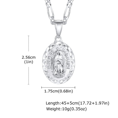 Virgin Mary Necklace for Men Boys,Catholicism Oval Pendant with Figaro Chain,Faith Prayer Jewelry Gift
