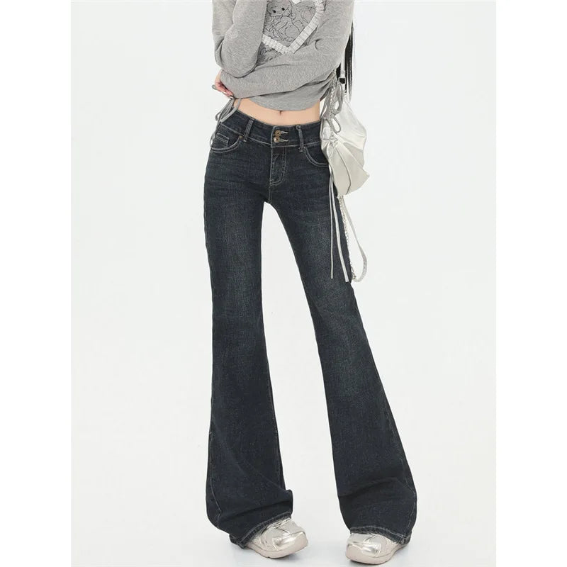Low-Waist Bell Bottom Jeans Women's Slimming Design American Style Spicy Girl Jeans Cotton Denim Lazy Style Water Washed