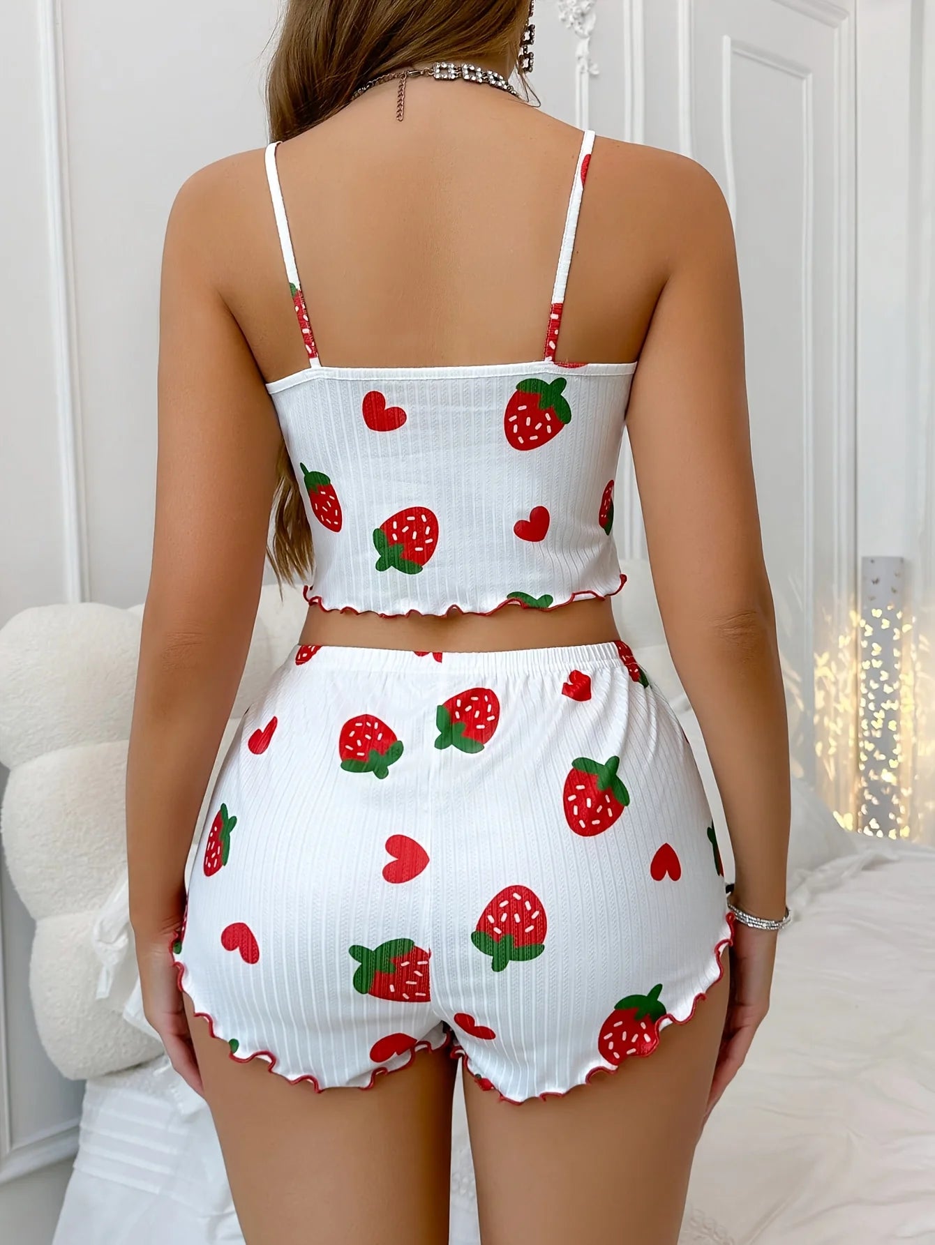 Summer Strawberry Print,  2 Piece Pajama Set.   Women's Casual Sleepwear Suspender Crop Tops and Shorts Comfortable Home Wear.Perfect Gift for MOTHERS DAY