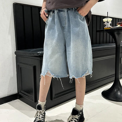 Girls' Denim Shorts for Kids .  Lightweight,  Five-Inch,  Loose-Fit,  Summer Pants for Big Kids.  Stylish Children's Shorts