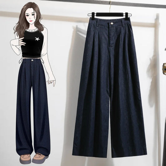 Original Color,  American  Style, Loose  and Wide Leg Jeans for Women.   Casual,  Spring,   Plus Size,  Floor Length, Straight Leg Pants