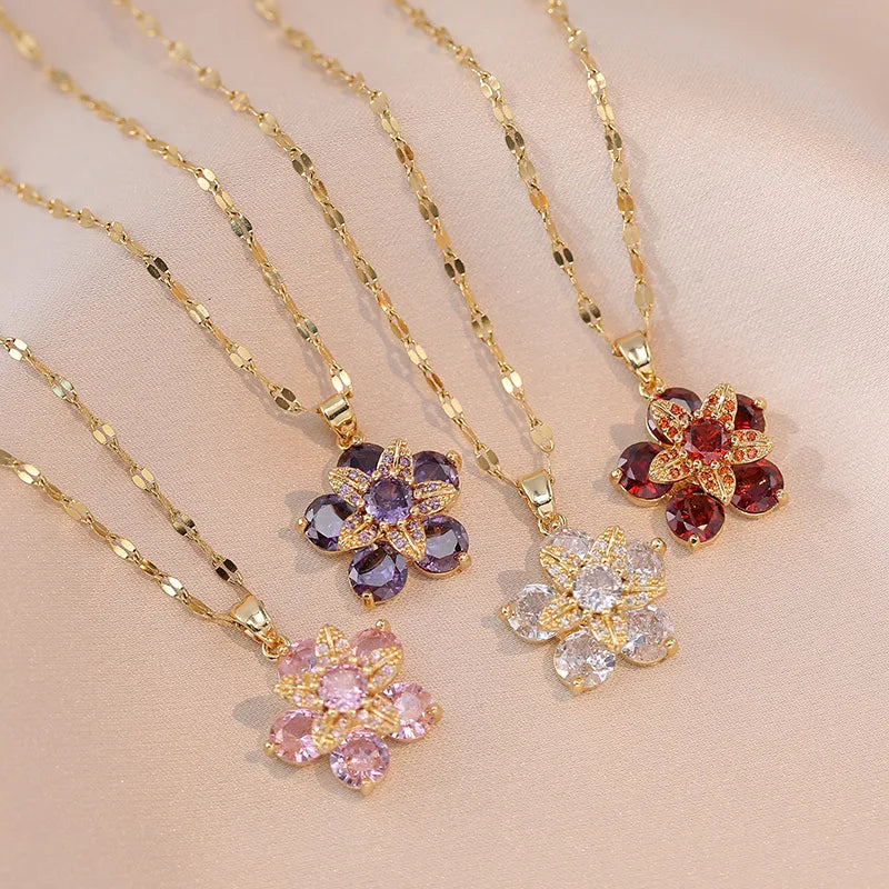 Shiny Zircon Romantic Flower Pendant, Necklace For Women Gold Plated Rotatable Flowers Choker for Girls , Wedding Party,  Luxury Jewelry