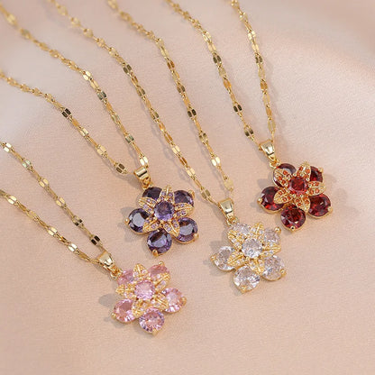 Shiny Zircon Romantic Flower Pendant, Necklace For Women Gold Plated Rotatable Flowers Choker for Girls , Wedding Party,  Luxury Jewelry