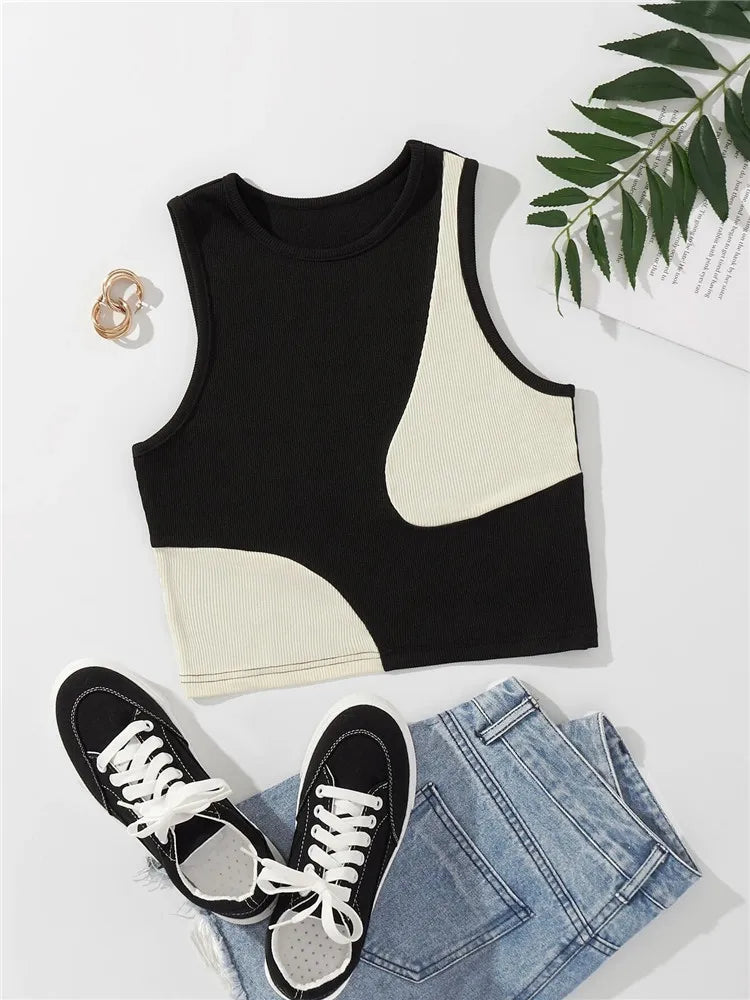 Women's Ribbed Knit Tan Tank Top O-neck Sleeveless Cute Baby Tee, Summer Patchwork Color Block Crop Top T Shirt.  Tan color ONLY available S, M, L.  Pink is OUT-OF-STOCK.
