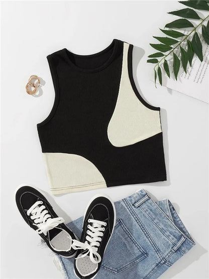 Women's Ribbed Knit Tan Tank Top O-neck Sleeveless Cute Baby Tee, Summer Patchwork Color Block Crop Top T Shirt.  Tan color ONLY available S, M, L.  Pink is OUT-OF-STOCK.