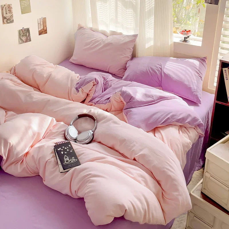 Solid Bed Linen Cotton Bedding Set 4pcs with Sheet Duvet Cover,  Pillowcases, Single/  Couple Bedsheet Single / Couple Twin Size