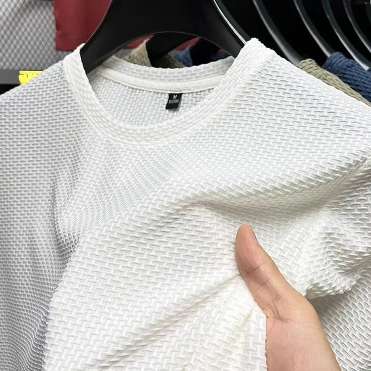 Men's Short Sleeve Mesh, Bamboo Ice Silk T-shirt, Casual, Versatile, Summer Elastic,  Slimming Top for Men