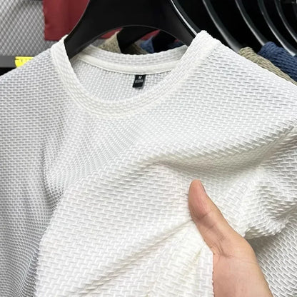 Men's Short Sleeve Mesh, Bamboo Ice Silk T-shirt, Casual, Versatile, Summer Elastic,  Slimming Top for Men