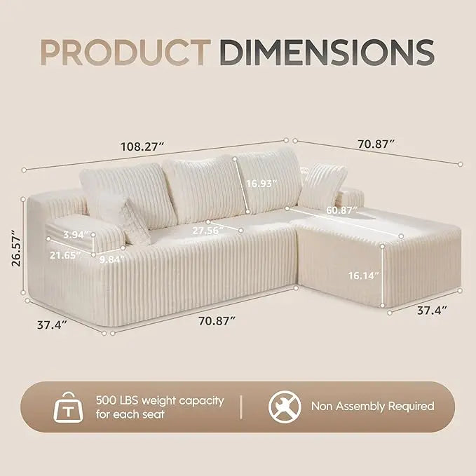 Modular L-Shaped 3-Seat Sectional | Memory Foam with Deep Seating with Storage Module| Living Room Sofa