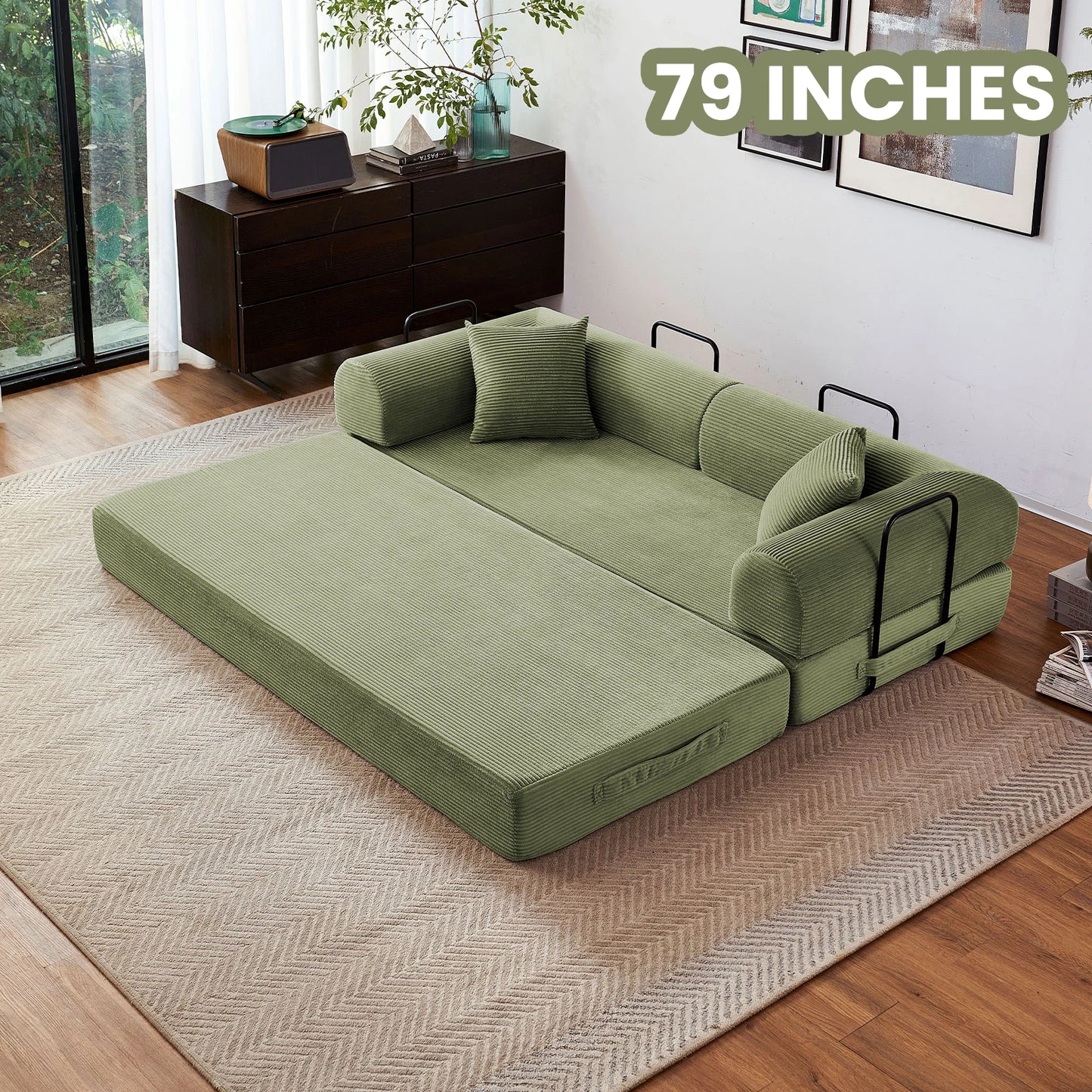 79'' Boneless Couch Foldable Convertible Futon Sleeper Sofa Bed,  Floor Lounge with L-Shaped Armrests for Living Room Sofas