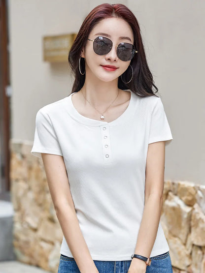New Women Casual T-shirt Summer Fashion O-Neck Short Sleeve Solid Color Slim Tees Simplicity Basic Short T-shirt Female 4 colors, well-stocked.