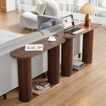 Fluted Oval Console Table with Storage Wood Legs Narrow Entry Hallway Living Room Customized