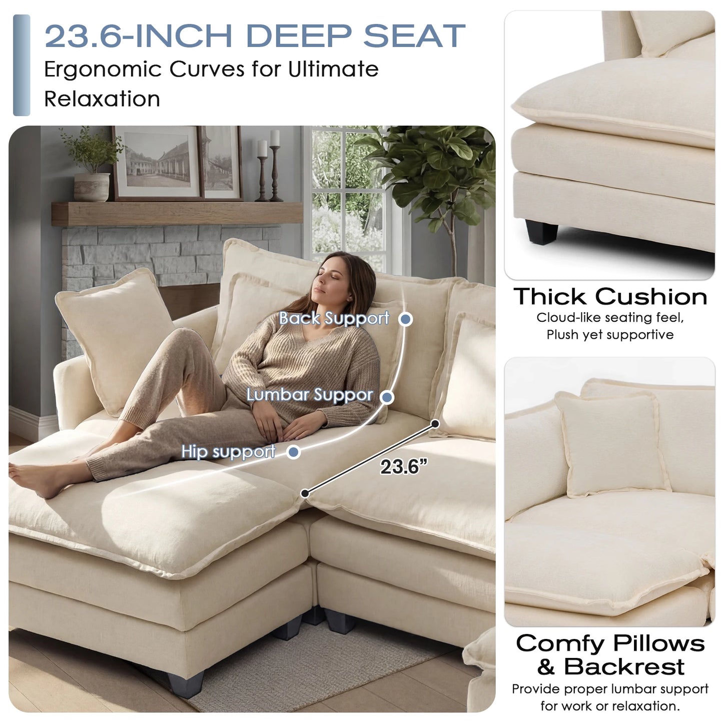 113.4" Modular Sectional Sofa with Ottoman, Comfy Cloud Couch with Deep Seat (23.6" D), Solid Wood Frame, for Living Room