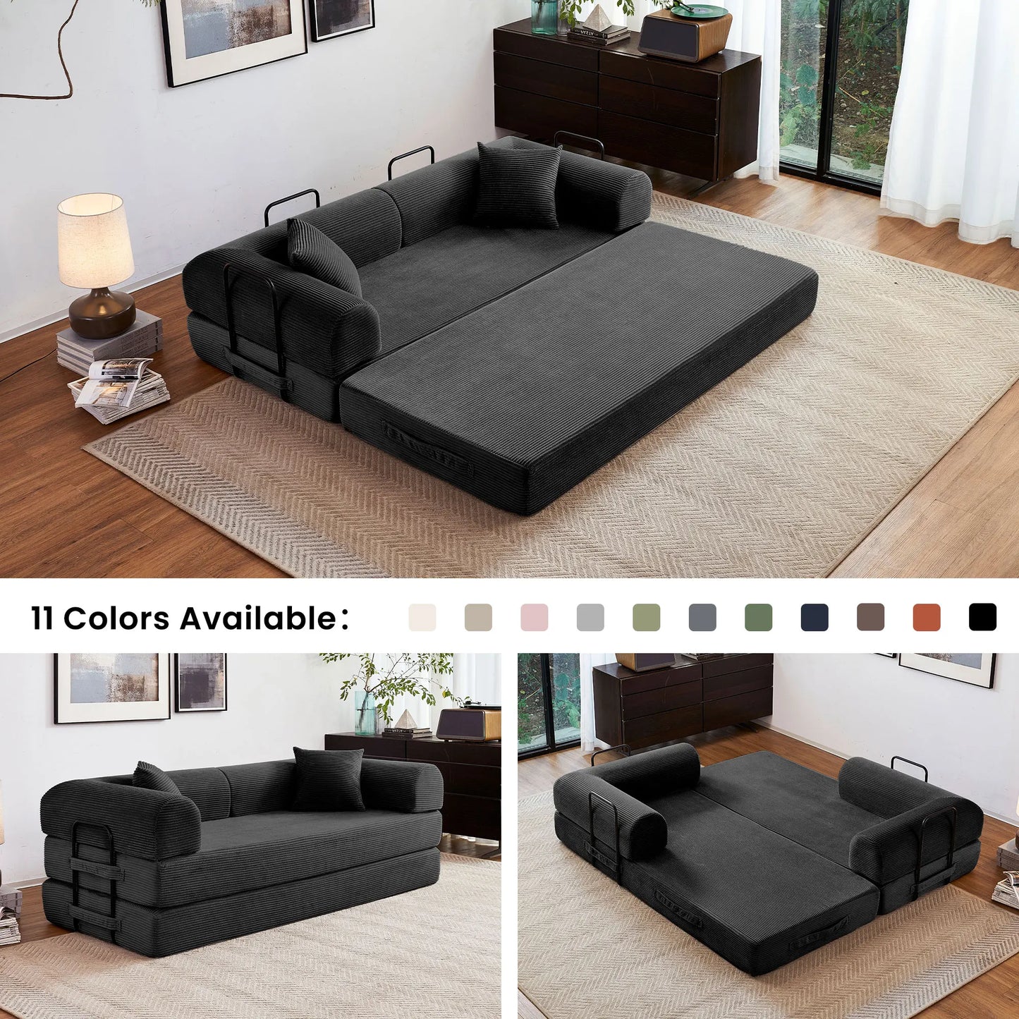 79'' Boneless Couch Foldable Convertible Futon Sleeper Sofa Bed,  Floor Lounge with L-Shaped Armrests for Living Room Sofas