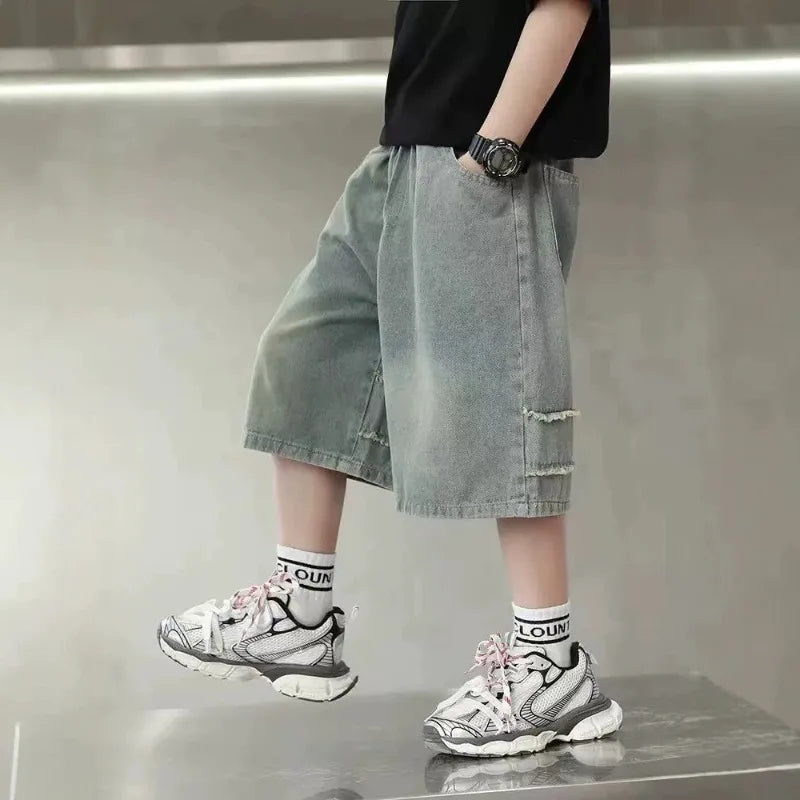 Boys Denim Shorts,  Summer, Half-length Jeans with Elastic Waist Letter Patch, Shorts 4-14YRS