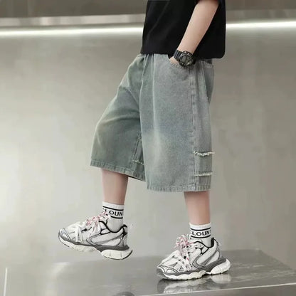 Boys Denim Shorts,  Summer, Half-length Jeans with Elastic Waist Letter Patch, Shorts 4-14YRS