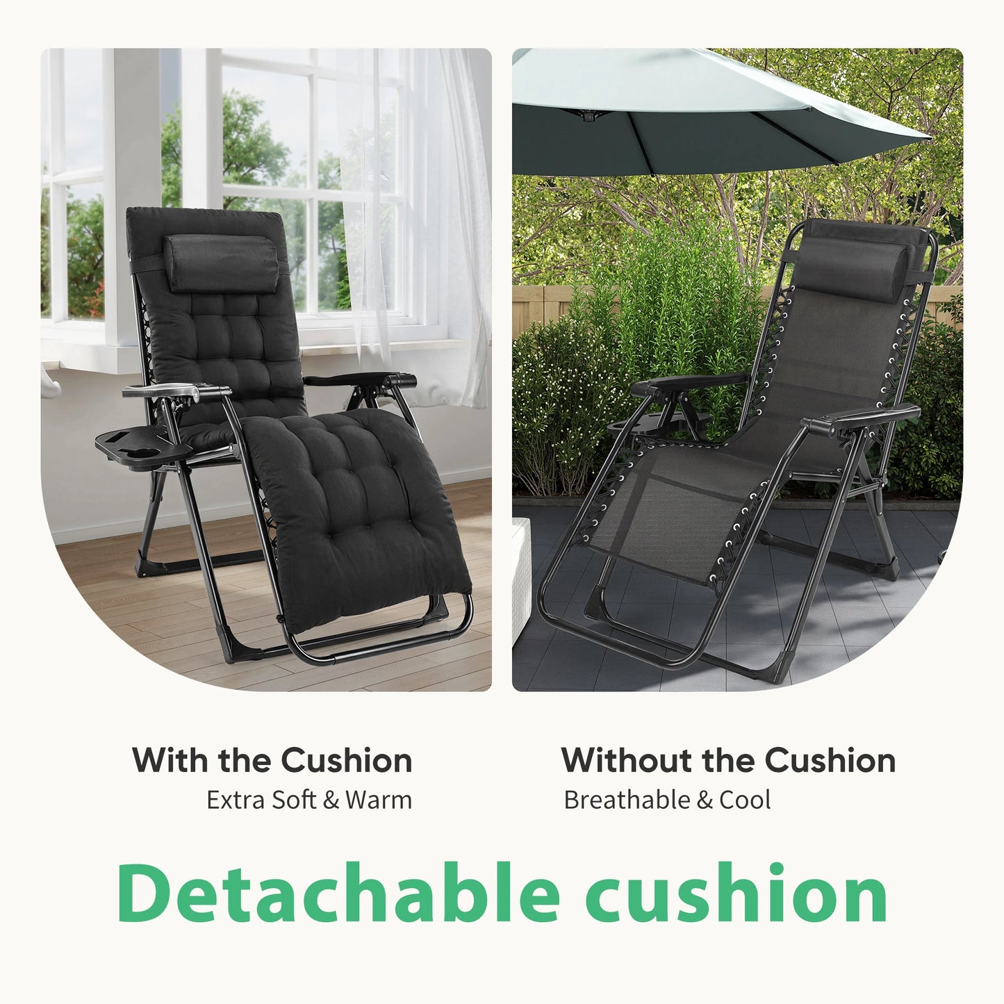 Zero Gravity Recliner,  Camping/ Patio Lounge Chair,  Folding Portable Recliner with Cup Holder,  Trays Removable Cushion For Outdoor Garden