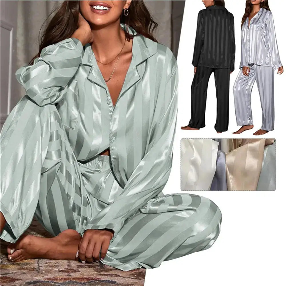 Women's Summer Striped Pajama Set.  Long Sleeve Top,  Trousers Silk /Satin  Look.  Loose Casual Sleepwear Female Nightwear