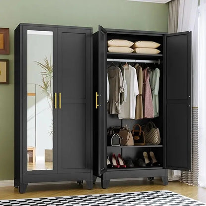 Metal Armoire Wardrobe Closet, 71" Tall Bedroom Closet with Mirror, Adjustable Shelves, and Hanging Rod, for Bedroom