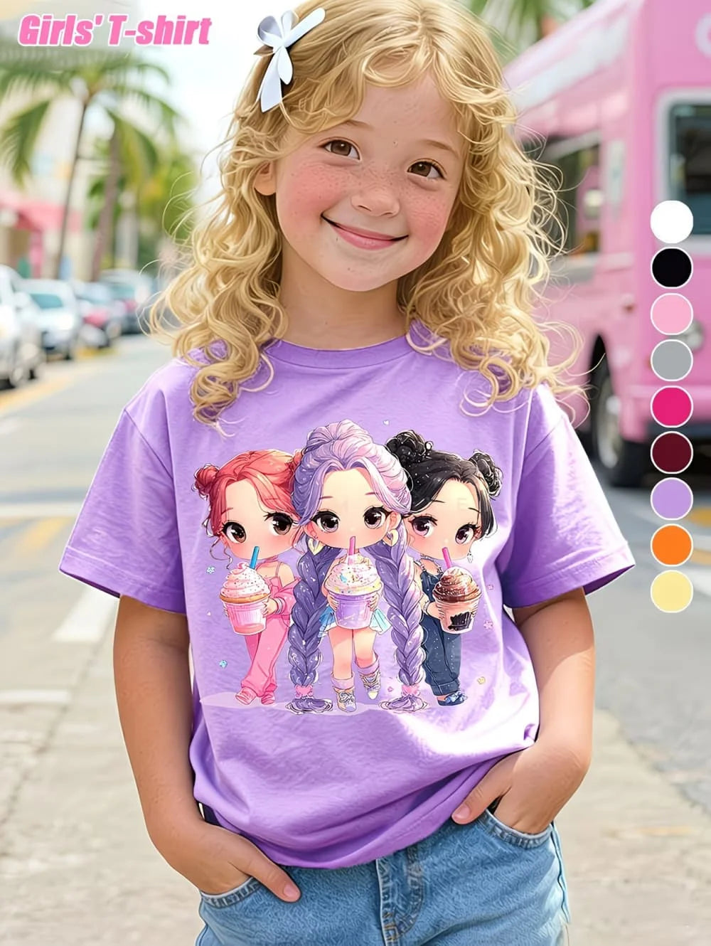 Summer, Kpop Popular Cartoon Print,  Children's Design,  Casual Style,  Round Neck,  Short Sleeved Top,  Kids Clothes