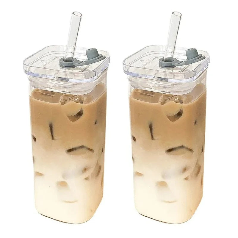 1Pcs Square,  Heat Resistant Coffee /Glass Cup With Lid and Straw, Transparent